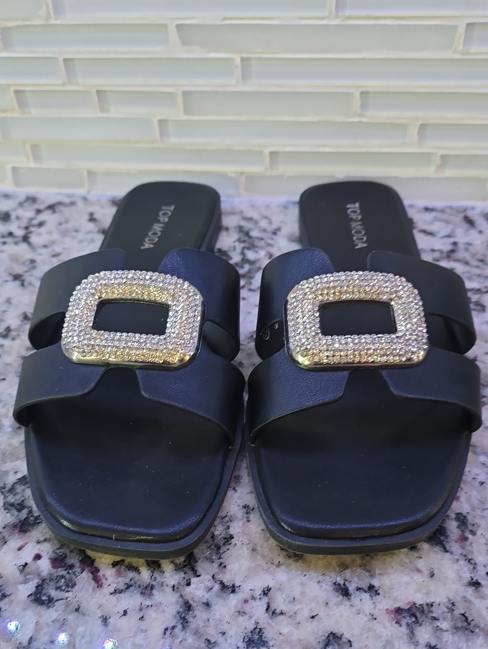 TOP Moda Black Slide Mules with Crystal Buckle